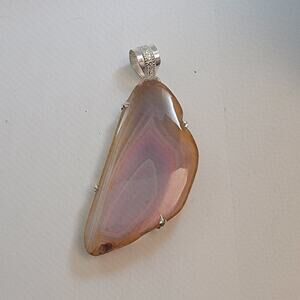 Necklace Pendant Pink Agate Slice Handmade Jewelry Sterling Silver Prong Setting
